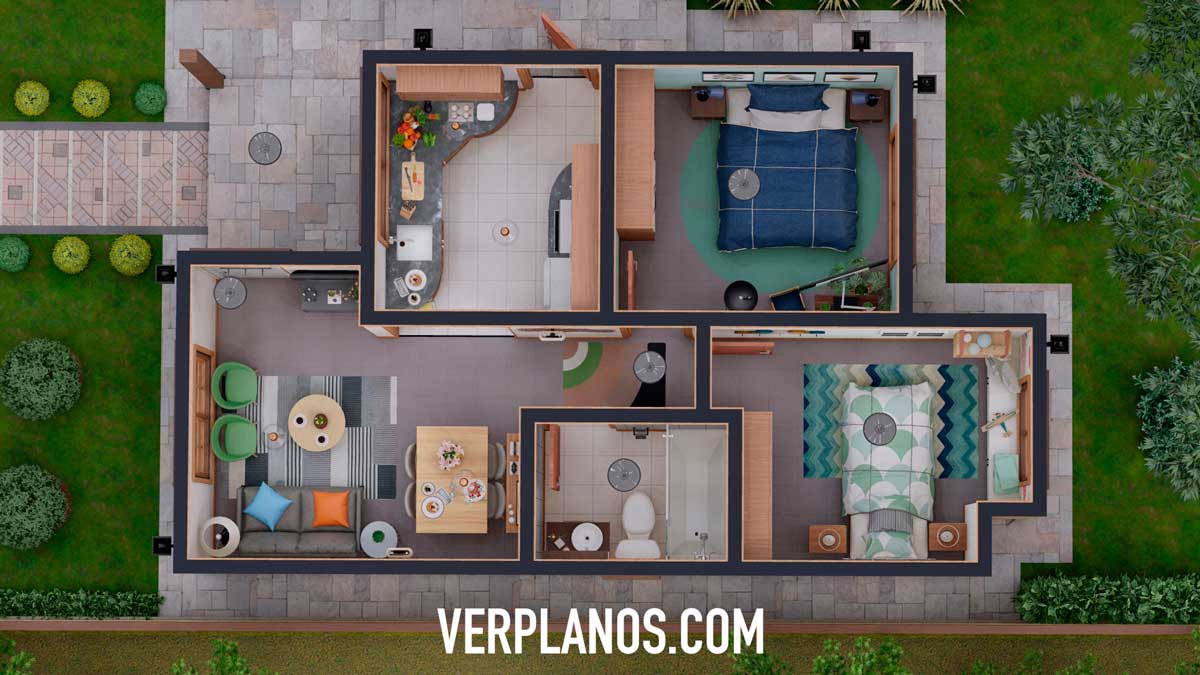 Vista previa en planta del plano de casa económica de 2 dormitorios y 1 baño en 3d
