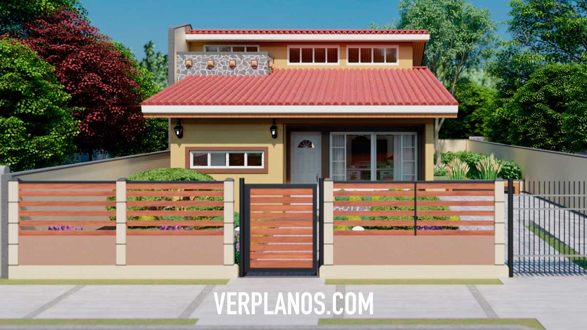 Fachada exterior plano de casa pequeña y económica de 1 piso y 2 dormitorios