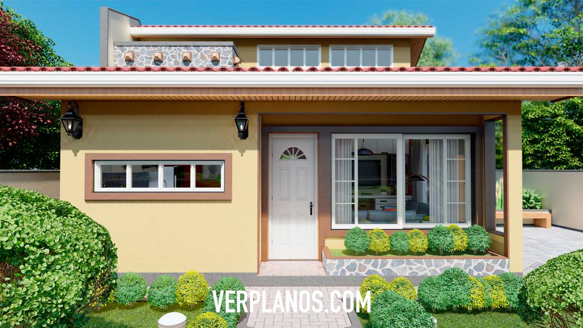 Fachada interior plano de casa pequeña y económica de 1 piso y 2 dormitorios