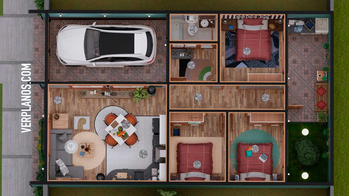 Vista en planta de plano de casa pequeña y económica para ciudad de 3 dormitorios