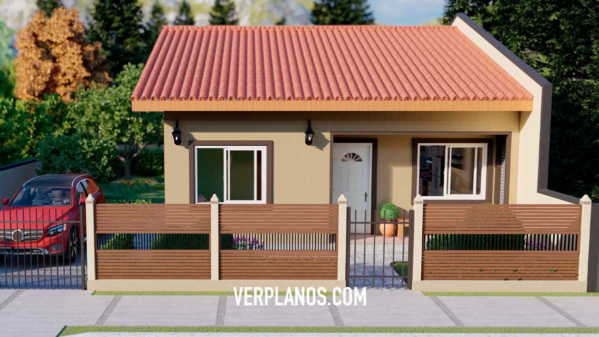 Fachada principal plano de casa de 1 piso con 3 dormitorios y 2 baños gratis en autocad y pdf