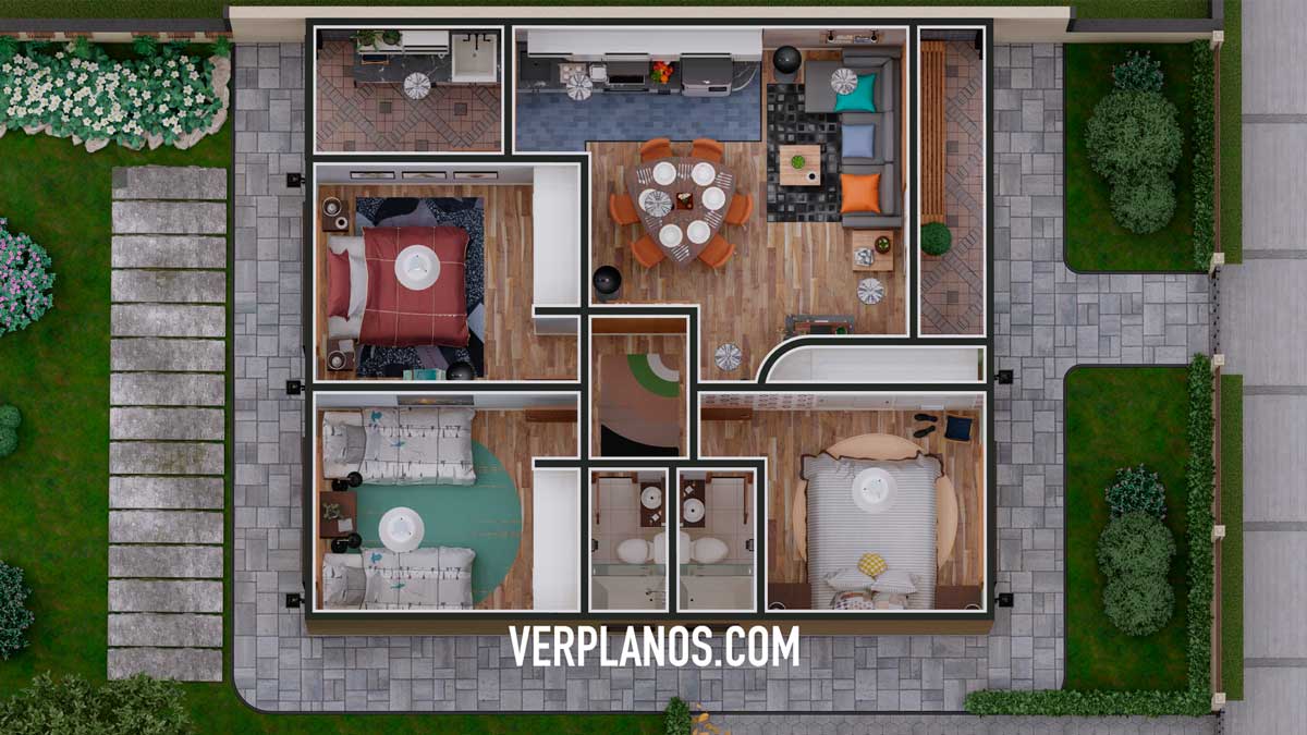 Vista previa planta plano de casa de 1 piso con 3 dormitorios y 2 baños en formato dwg y pdf gratis para descargar