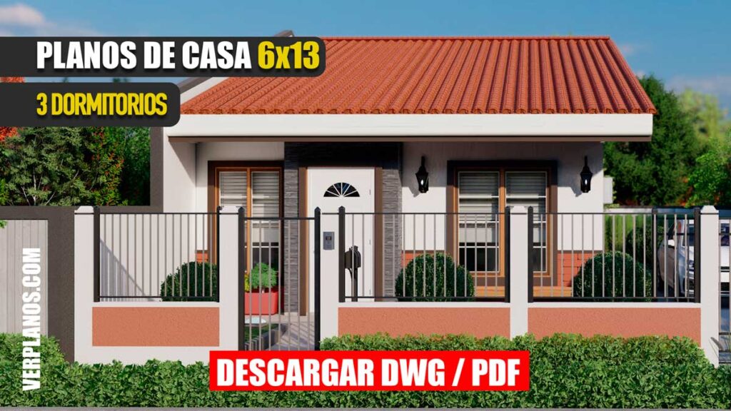 Planos de Casa hermosa y pequeña económica de 1 piso con 3 dormitorios y 2 baños gratis en autocad y pdf
