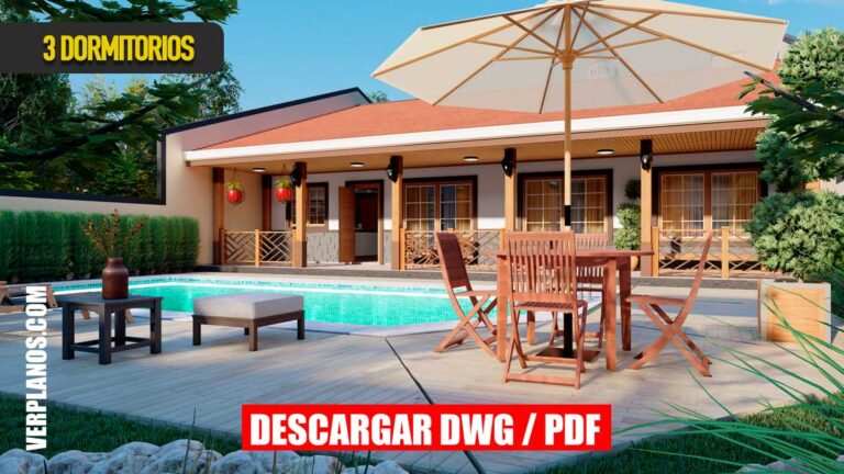 Planos de casa de campo de 1 piso con 3 dormitorios y 2 baños en formato DWG para Autocad y PDF