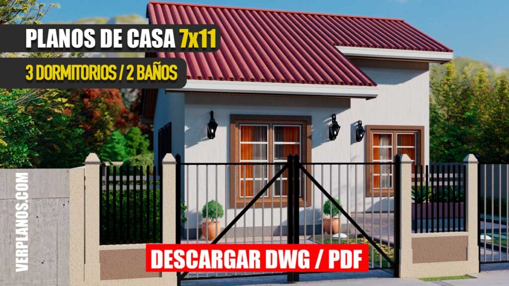 Planos de casa prefabricada de 1 piso con 3 dormitorios y 2 baños económica y pequeña para descargar