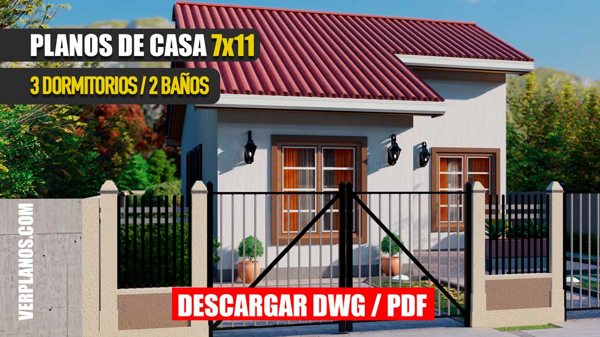 Planos de casa prefabricada de 1 piso con 3 dormitorios y 2 baños económica y pequeña para descargar