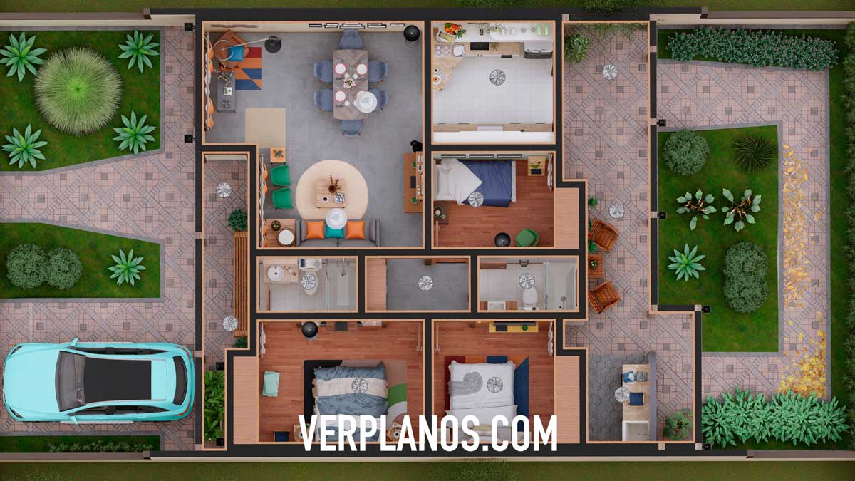 Vista previa en planta de su plano de casa de 1 piso con 3 dormitorios y 2 baños gratis en PDF y DWG
