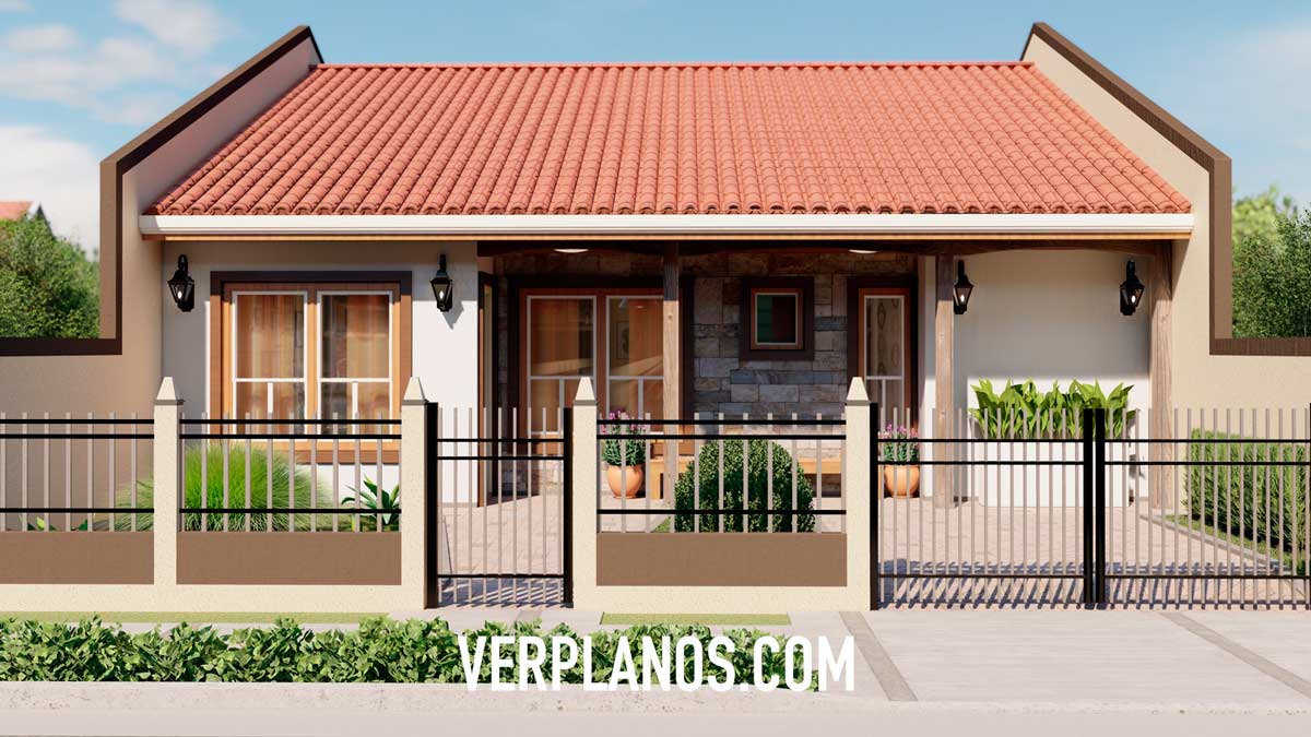 Vista previa fachada plano de casa colonial de 1 piso con 3 dormitorios y 2 baños