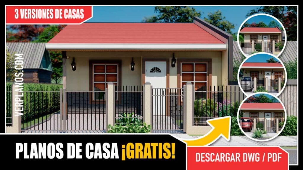 Planos de casa pequeña y económica de 1 piso con 2 y 3 dormitorios de 1 y 2 baños gratis en autocad y pdf