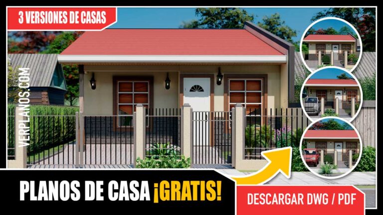 Planos de casa pequeña y económica de 1 piso con 2 y 3 dormitorios de 1 y 2 baños gratis en autocad y pdf