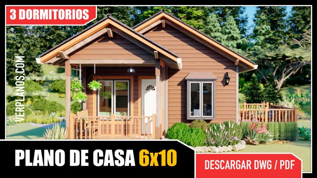 Planos de casa prefabricada de 1 piso con 3 dormitorios y 1 baño en formato DWG para Autocad y PDF ¡GRATIS!