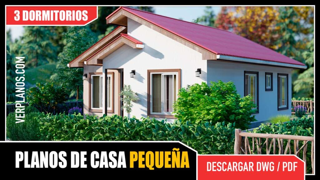 Planos de casa económica de 1 piso con 3 dormitorios y 1 baño gratis para descargar en dwg y pdf