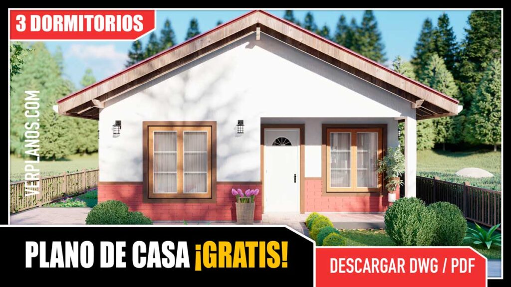 Planos de Casa de campo de 1 piso con 3 dormitorios y 2 baños gratis en autocad y pdf
