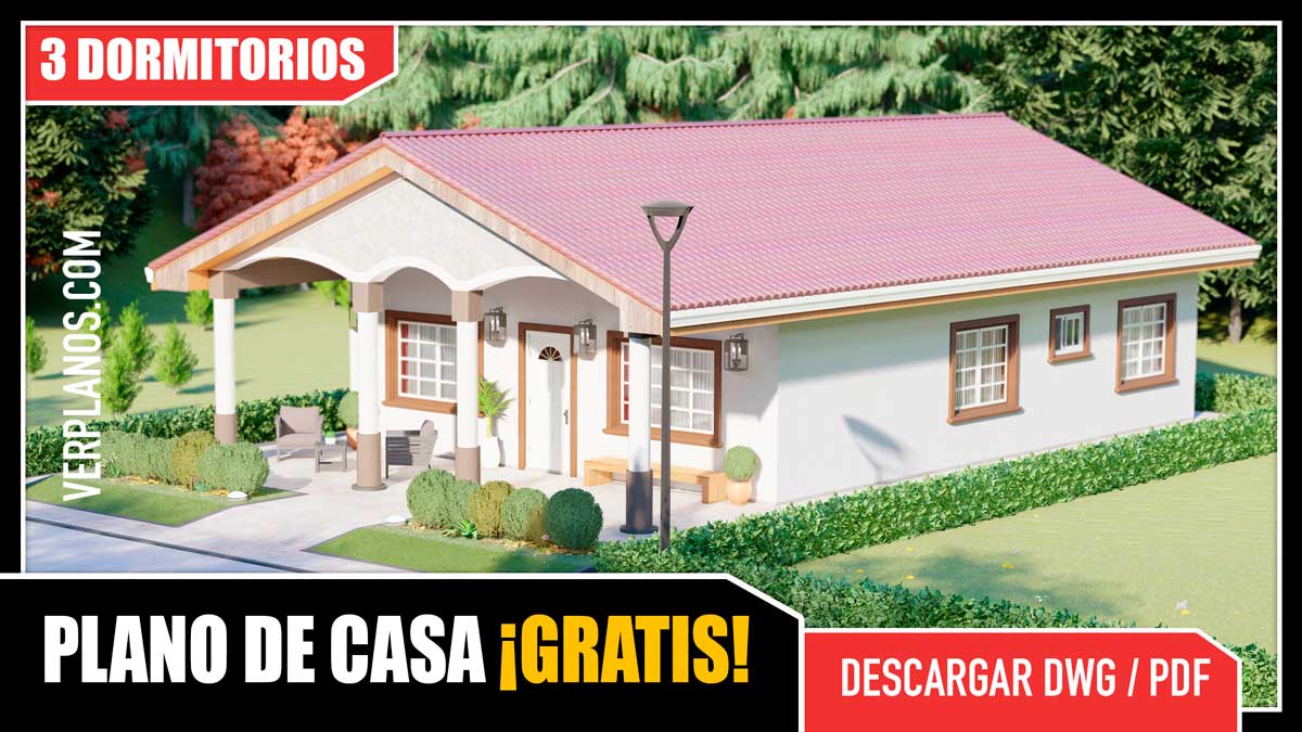 Planos de casa con 3 dormitorios y 2 baños gratis en autocad y pdf para descargar