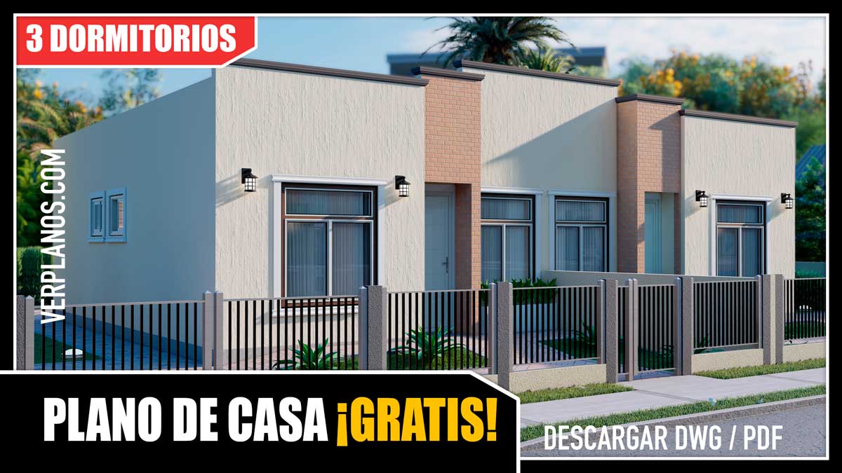 Planos de casa gratis con 3 dormitorios y 2 baños en formato DWG para Autocad y PDF