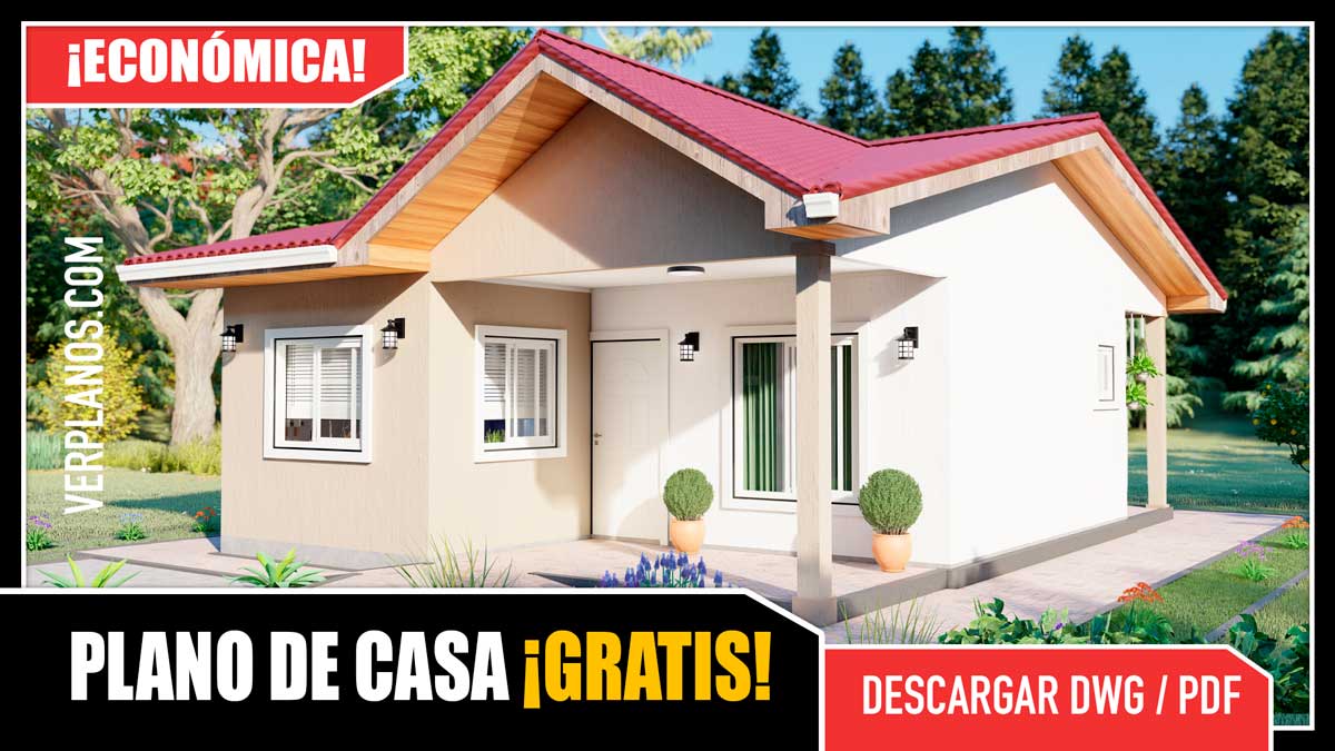 Planos de casa pequeña y económica de 1 piso con 2 dormitorios y 1 baño