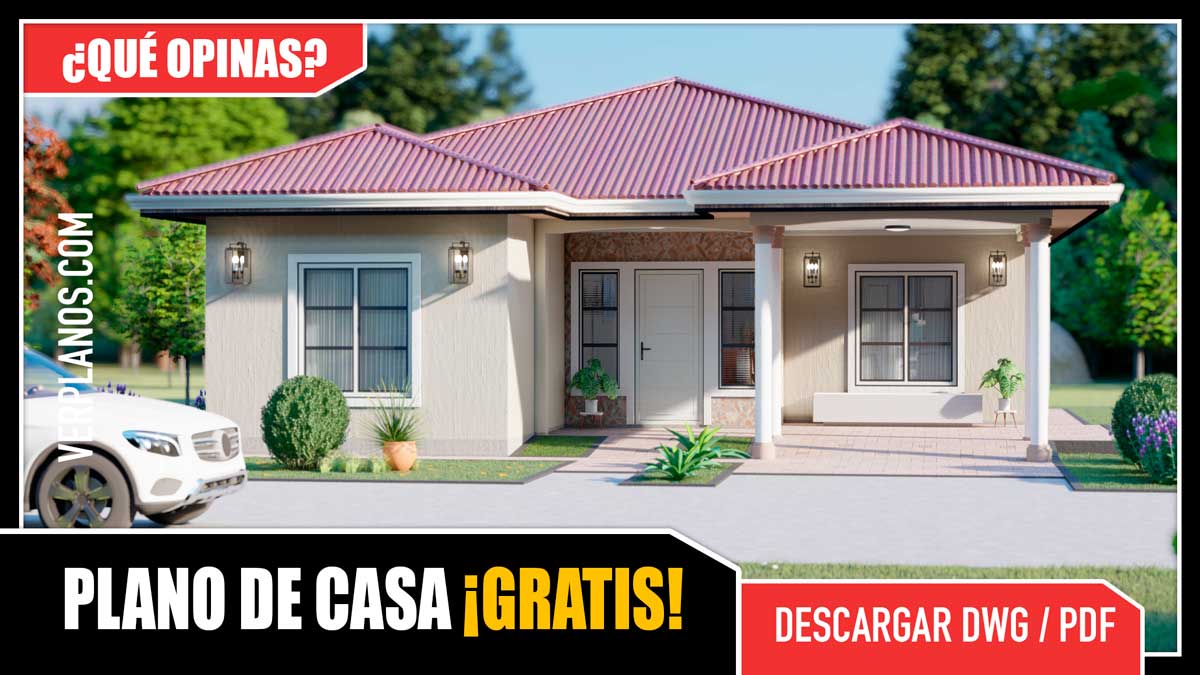 Planos de hermosa casa de 3 dormitorios con 2 baños gratis en autocad y pdf para descargar