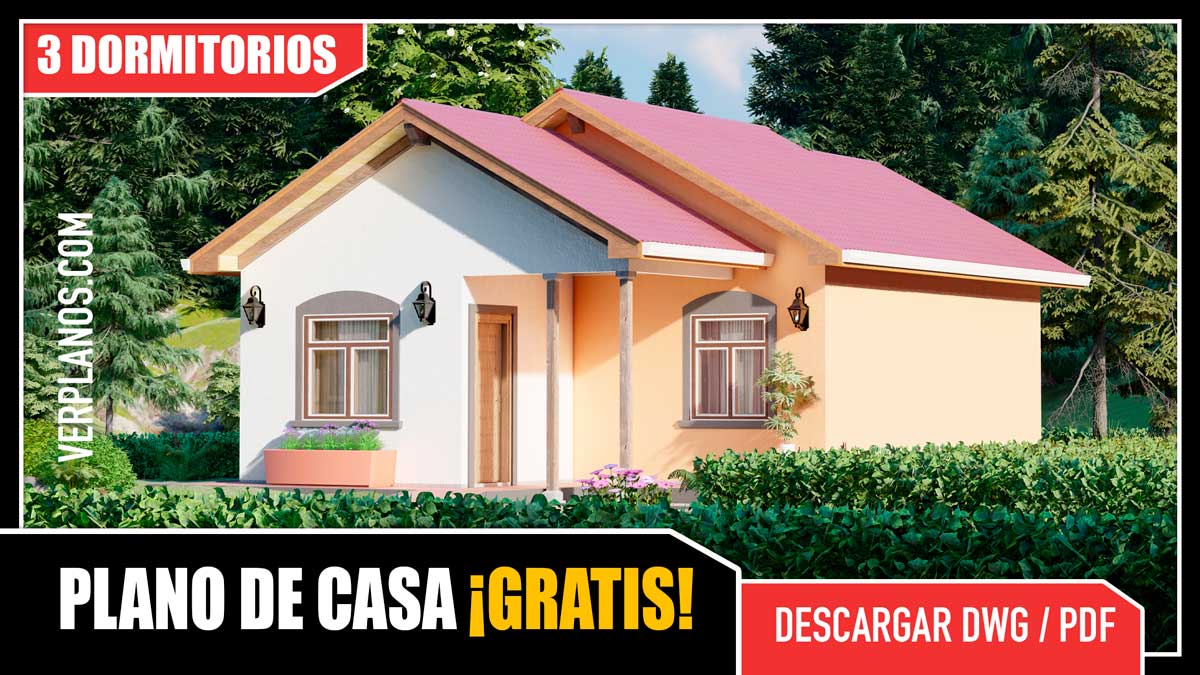 Plano de casa de 1 piso con 3 dormitorios y 2 baños gratis en formato DWG para Autocad y PDF