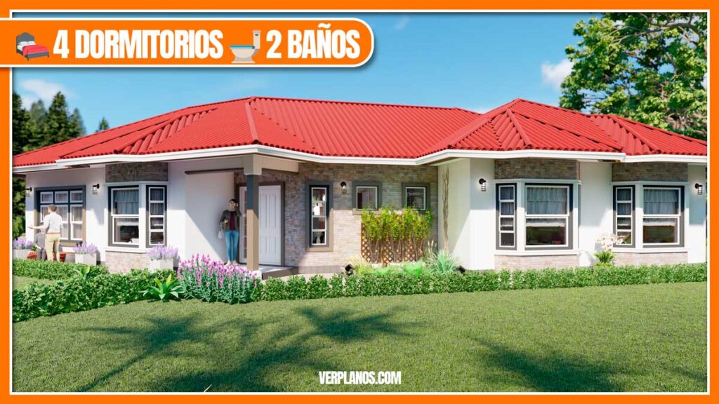 Planos de hermosa casa de 1 piso con 4 dormitorios y 2 baños en AutoCAD y PDF.