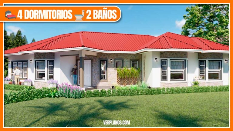 Planos de hermosa casa de 1 piso con 4 dormitorios y 2 baños en AutoCAD y PDF.