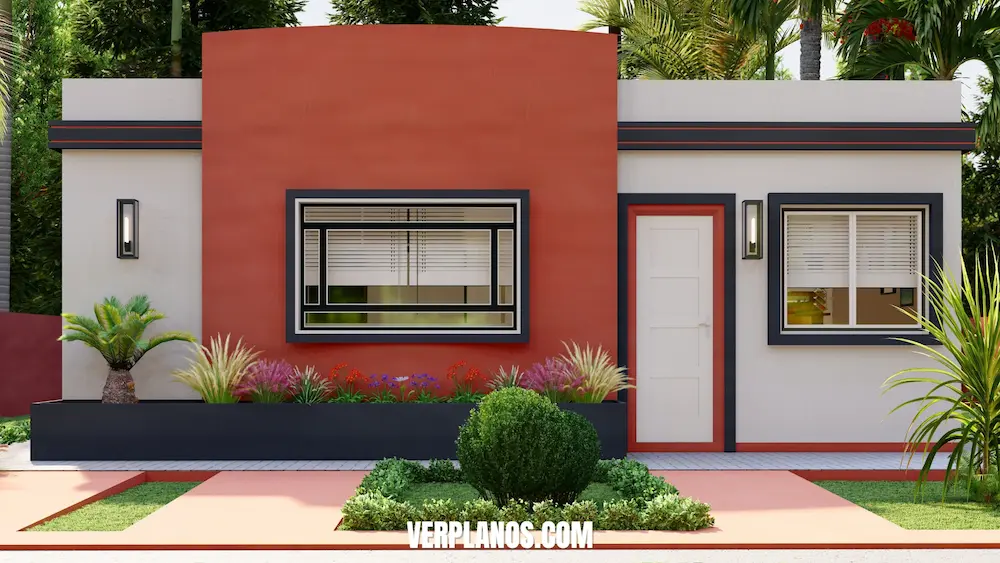 Fachada con techo plano de casa 8x7 metros