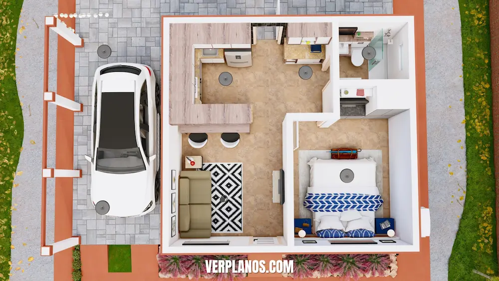 Vista en planta del plano de casa pequeña y económica de 6 por 6 metros