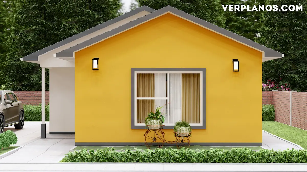 Vista frontal de casa de 3 dormitorios económica y compacta