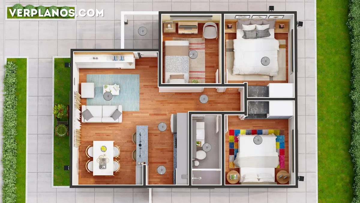 Vista en planta plano de casa económica de 3 dormitorios para descargar gratis