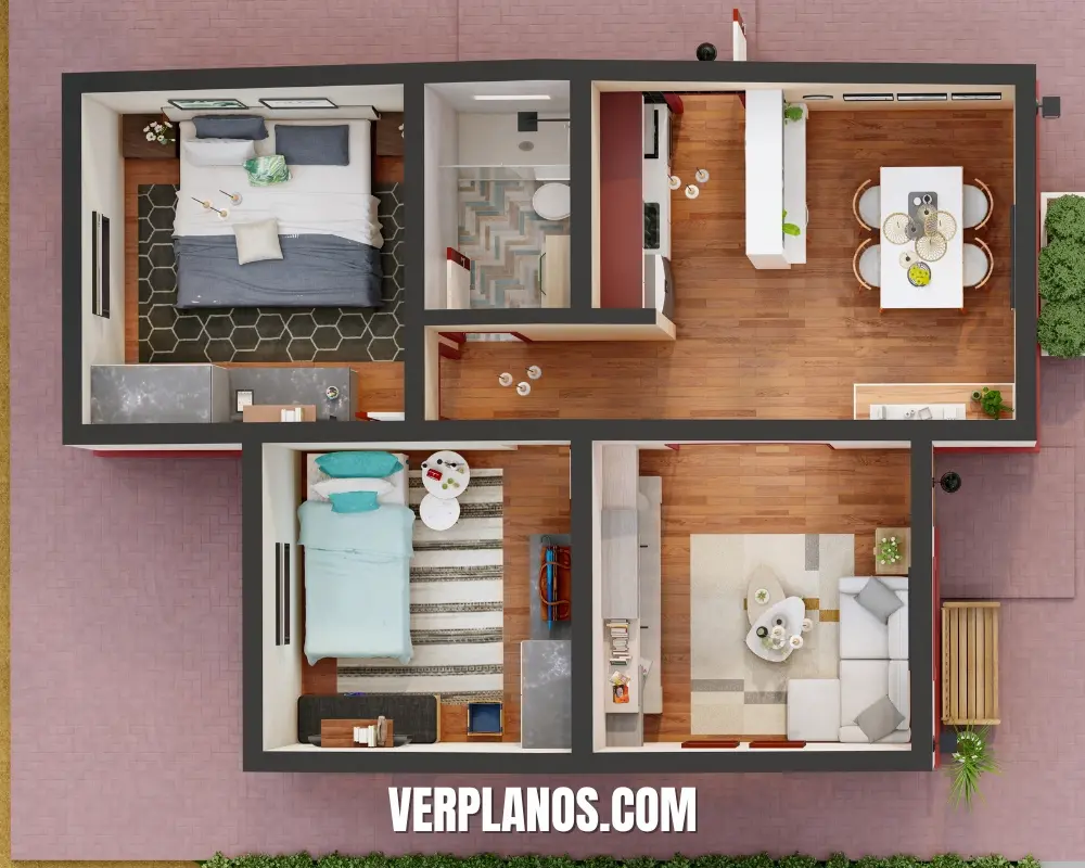 Vista en planta del plano de casa 55m2 con 2 dormitorios
