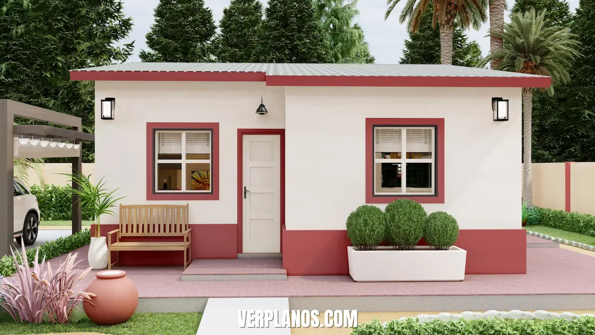 Vista exterior casa 7x9 económica con estacionamiento